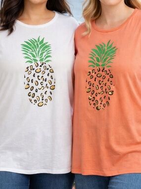 TWO! Coral Bay 2X Pineapple Graphic Tee Lot White & Coral Tropical Shirt Duo